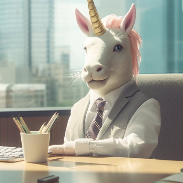 level-up unicorn in a suit